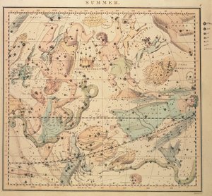 天体図：ジョン・エムスリー（1813-75）によって彫刻された、黄道帯の兆候、星の位置、占星術の楽器を示す夏 作： Unknown